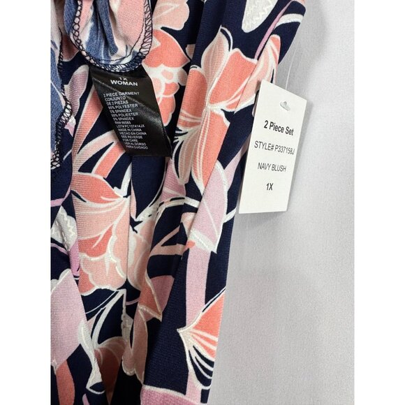 Perceptions 2 Piece Floral Shift Dress & Shrug Set Navy Blush Spring NEW 1X - Picture 9 of 13
